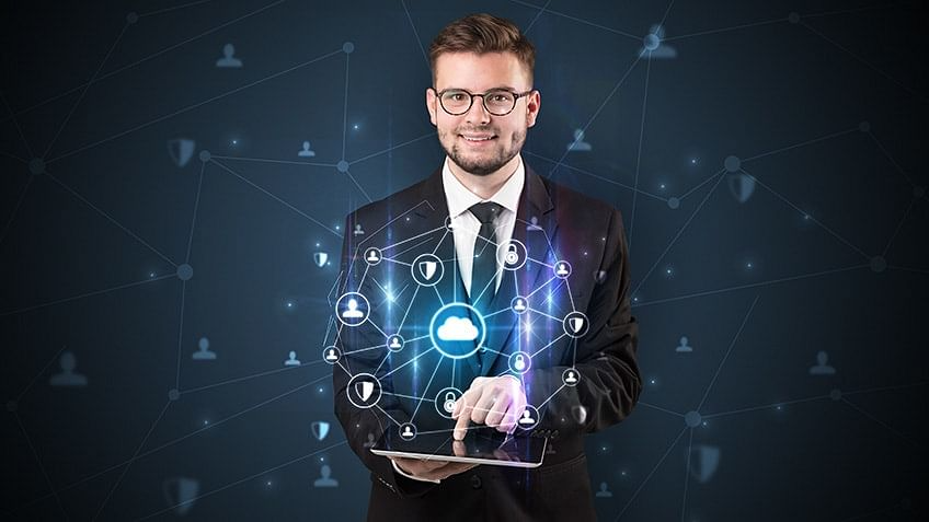 A digital cybersecurity dashboard featuring a glowing blue shield over a world map with data points and connectivity lines.