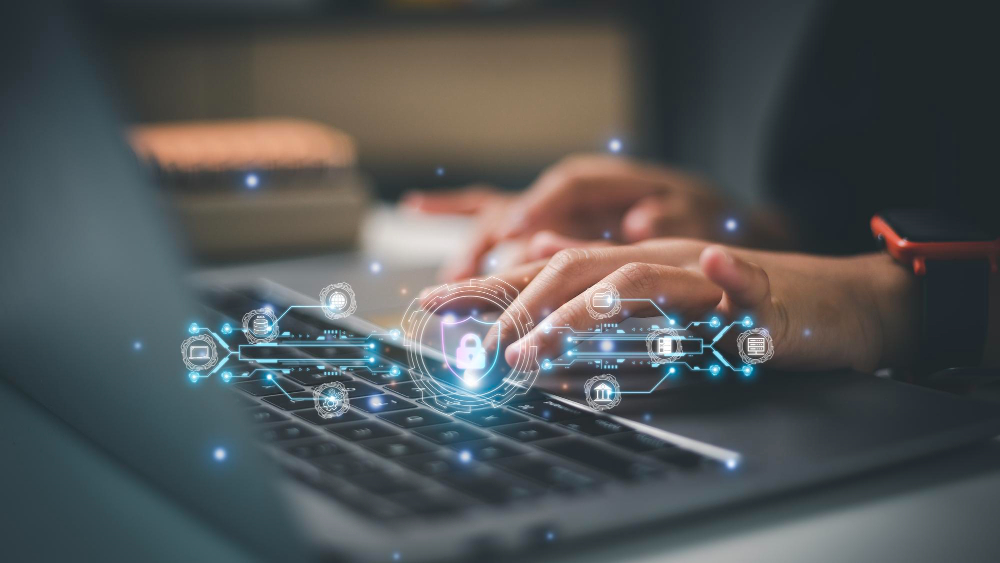 A glowing blue digital shield icon at the center of a complex network of interconnected nodes and data points.